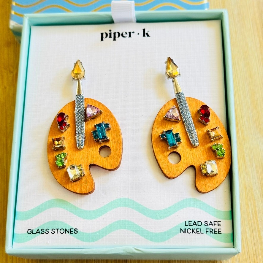 Piper K Painters Pallette Earrings Paintbrush Colorful Rainbow Glass Rhinestones